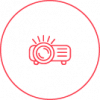 Rotes Catering-Symbol mit einem Beamer, symbolisiert Beamer-Mietservice.