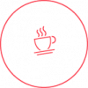 Rotes Icon mit Kreis und Kaffeetasse, symbolisiert Pausenbereich mit Snacks und Getränken für Gäste in einem Fotostudio.